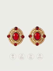 Glisma 18 K Damen Creolen, Outfits, Gothic/Goth, Old Money, Perlen, Western Schmuck, Metallic/Textur, Edelstein, Herbst/Winter, für Mutter/Frauen/Mädchen, Premium, Vintage, Kreuz - Rot - Übersicht 1