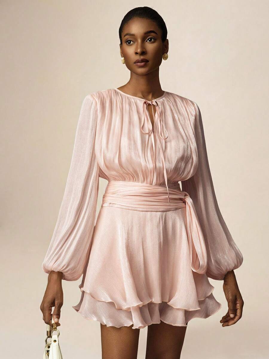 Vesra Apricot Color Tie-Up Loose Long Sleeve Ruffle Hem Elegant Mini Dress For Women Aveloria Dress - Dusty Pink - View 1
