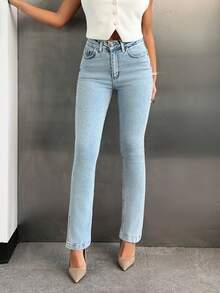 EURMUSE Quần jean denim co giãn cạp cao xẻ gấu ôm sát - Rửa nhẹ - Xem 5
