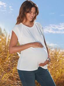 Boho Mama 孕妇休闲纯色圆领T恤，夏季 - 白色 - 查看 3