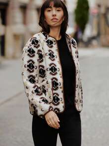 lacRébo Cream Floral Print Sherpa Jacket With Contrast Piping And Snap Button Closure Autumn Winter Spring Women Clothes Spring Winter Women's Jackets Crop Jackets For Women Cropped Jackets Bomber Jacket French Style Parisian Style - Chocolate Brown - View 8