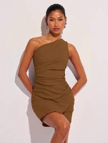 COSMINA Women's Solid Color Sleeveless Ruched Mini Dress, Brown Dress, Brown Wedding Guest Dress, Earth Tone Dress - Brown - View 4