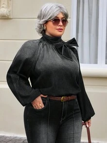 EMERY ROSE Plus Size Women's Fashion Bow Denim Blouse - Dark Grey - View 6