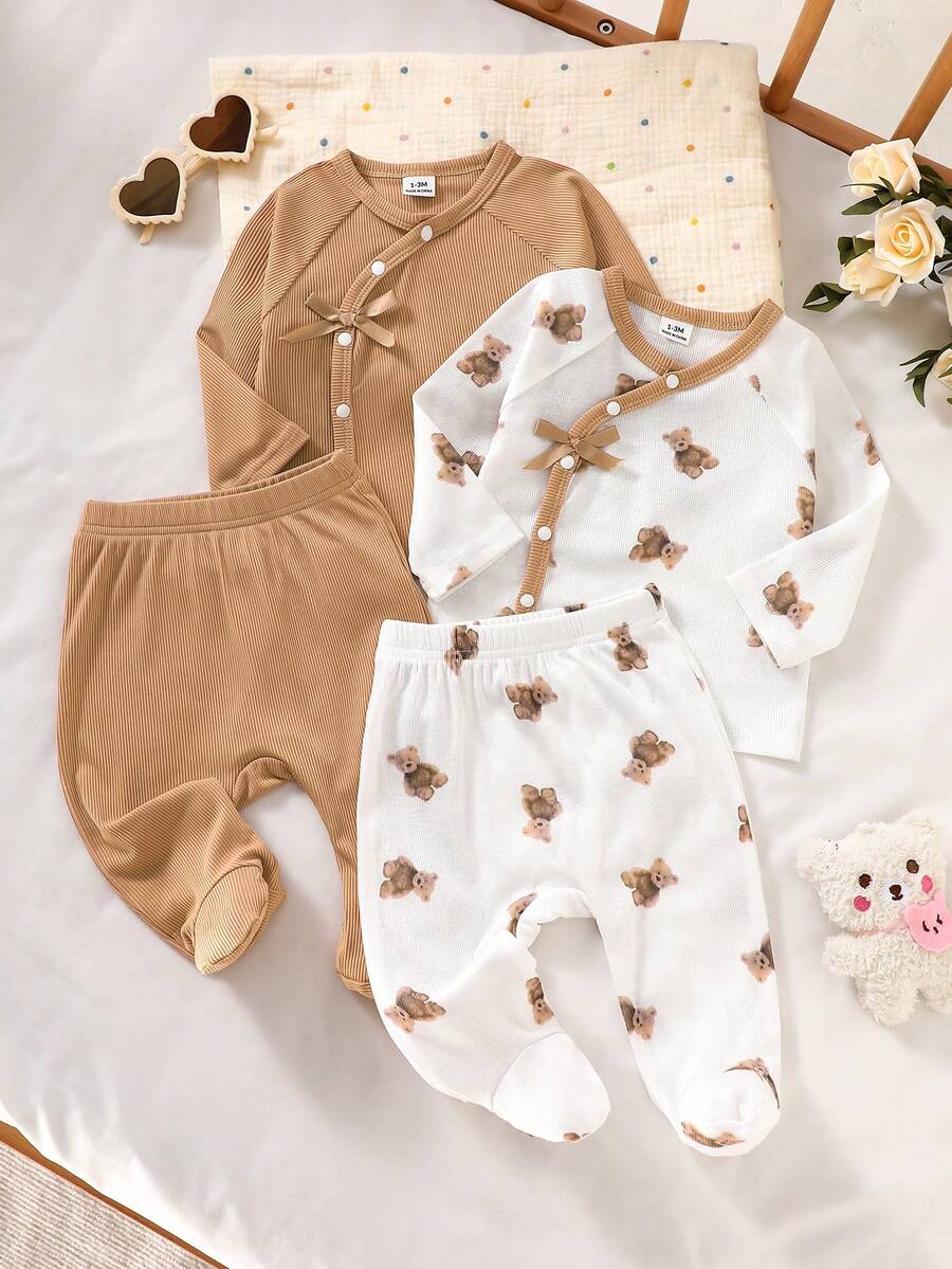 SHEIN 2pcs Baby Boy Casual Multifunctional Comfortable Cute Round Neck Long Sleeve Top + Pants Set, Khaki Bear Print Pattern Bow Baby Outfit, Infant, Baby Boy All Season Set Baby Set Autumn Winter Season Baby Summer Sets Mocha Baby Clothes Neutral Baby Clothes Unisex Teddy Bear Baby Clothes Baby Long Sleeve Outfit - Multicolor - View 1