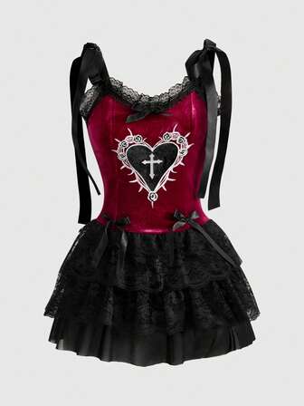 ROMWE Avant Gotischer Retro-Palast-Stil Kontrast-Farben Spitzenbesatz Herz-Stickerei Damen Samt Träger-Kleid