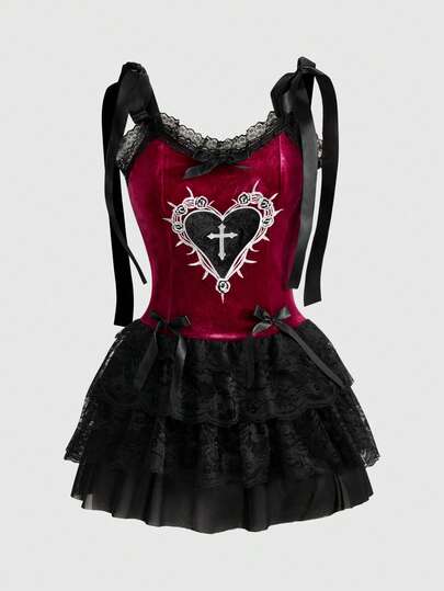 ROMWE Avant Gothic Retro Palace Style Contrast Color Lace Trim Heart Embroidery Women Velvet Camisole Tie Strap Dress