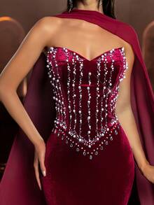 Glamrae Đầm dạ hội sang trọng màu đỏ tía, không dây vai, đính đá lấp lánh thủ công, kiểu đuôi cá (cổ áo voan xếp rời) bằng nhung. - Màu Đỏ Sâu - Xem 3