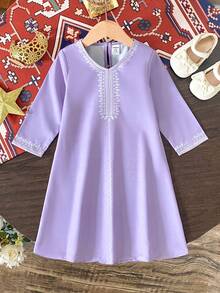 女婴长袖中东传统印花长袍连衣裙，紫色 - 紫色 - 查看 3