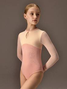 Tween Girls' Solid Color Minimalist Leotard, Mesh Splice Fitted For School, Professional Training, Ballet, Gymnastics, Dance Studio, Dance Wear - Multicolor - View 3