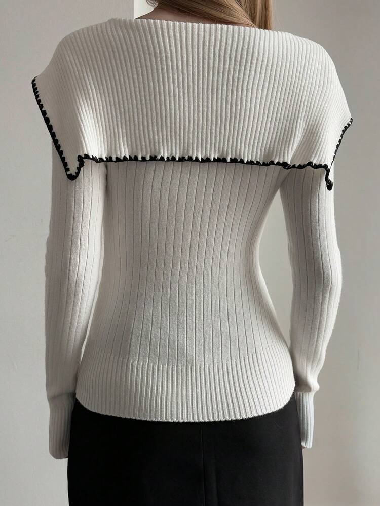 Women's Collared Tie-Up Slim Fit Sweater In Black And White