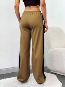 EURMUSE Women's Solid Rib-Knit Side Striped Wide Leg Casual Sweatpants - Beige - View 2