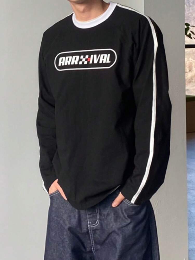 Men's Colorblock Shoulder Sleeve T-Shirt With Letter Print, Round Neck, Spring/Autumn