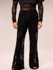 FeverCity Men's Fashionable Sexy Sheer Lace Pants - Black - View 4