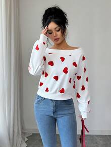 SHEIN Elenzya 优雅浪漫通勤情人节白色底红色爱心露肩卫衣 - 紅白色 - 查看 6
