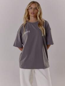 MUSERA 超大款修身标语T恤，秋冬街头风，酷女孩Y2K日常休闲风，春夏复古风 - 深灰色 - 查看 1