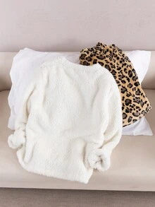 女童珊瑚绒睡衣，卡通可爱猫咪印花，长袖，厚实舒适，适合学生、居家穿着或外穿，秋冬季款 - 白色 - 查看 4