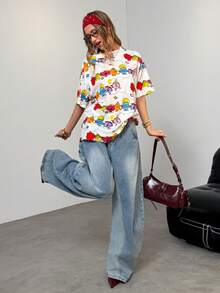 Mr Men Little Miss X SHEIN Women's Casual Cute Cartoon Pattern Round Neck Short Sleeve T-Shirt, Summer - Multicolor - View 1