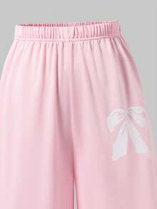 SHEIN ChillGRL 少女T恤套装，甜美休闲粉色针织二合一圆领T恤，蝴蝶结印花T恤，宽松百搭粉色直筒裤，运动裤，适合日常外出，春夏皆宜 - 粉色 - 查看 5