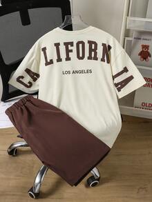 SHEIN Vacaura 2件套青少年男童休闲户外字母印花短袖T恤和运动短裤，夏季 - 彩色 - 查看 7