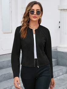 Editum 纯色拉链夹克，女士春/秋休闲拉链常规袖圆领常规版型黑色纯色女士轻便夹克，休闲日常穿着 - 黑色 - 查看 10