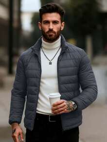Chaqueta de manga larga para hombres 2025 acolchada de algodón, cuello de pie, chaqueta térmica a prueba de viento en otoño e invierno, disponible en varios colores, negro, azul tibetano, gris, moda joven en la calle, bolsillo con cremallera, Corte tridimensional, comodidad versátil - Gris - Ver 2