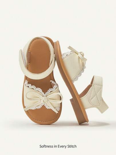 Cozy Pixies 1双可爱女童户外凉鞋，大蝴蝶结魔术贴设计，公主田园风平底鞋，夏季