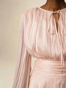 Vesra Apricot Color Tie-Up Loose Long Sleeve Ruffle Hem Elegant Mini Dress For Women Aveloria Dress - Dusty Pink - View 7