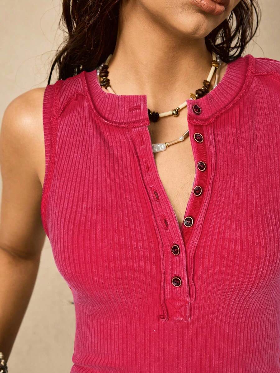 Easelle 休闲复古罗纹无袖红色女式T恤 - 紅色 - 查看 1