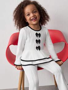 Maija Kids Conjunto informal de camiseta de manga larga con cuello redondo y contraste de color jacquard, y pantalones acampanados para niña - Blanco y Negro - Ver 6