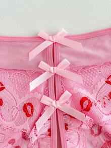 SHEIN Bộ đồ lót ren phối nơ không đáy 2 món dành cho ngày Valentine, nội y gợi cảm cho nữ. - Hồng - Xem 4