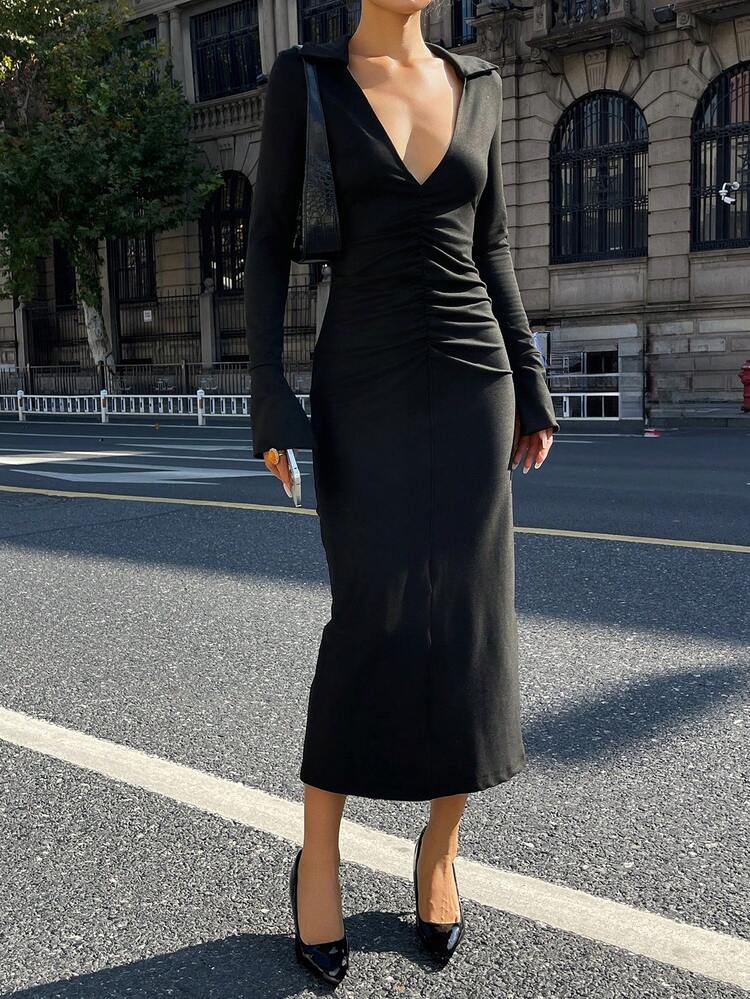 Women's V-Neck Long Sleeve Waist Cinched Midi Dress, Elegant For Winter Y2k