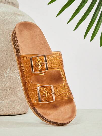 Solezae Women's Pvc Clear Jelly Double Buckle Cork Footbed Slides, Lightweight & Water-Friendly Comfort.