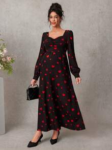 Momance Maternity Heart Print Ruffle Neck Long Sleeve Elegant Dress - Beige - View 5