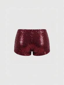ROMWE J-Fashion Quần short nữ cổ điển cạp thấp siêu ngắn lấp lánh màu bạc gợi cảm - Màu Đỏ Sâu - Xem 2