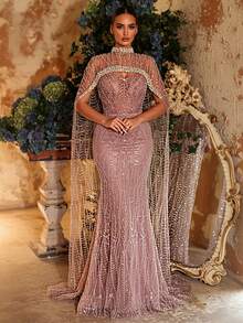 Glamrae Elegant Luxurious Pearl Beaded Design Detachable Jacket Sexy Strapless Mermaid Dress, Suitable For Weddings, Parties, Vacations, Galas, Formal Occasions (Heavily Embellished) - Pink - View 7
