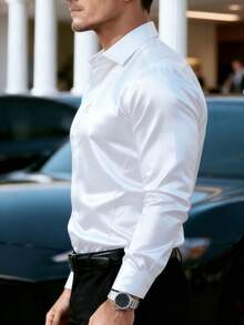 Manfinity Mode Men's Textured Design Casual Business Long Sleeve Shirt White And Gold Dress Shirt Men Business Shirts Satin Men Shirt White Collar Shirt Business Casual Men Shirt Old Money,Daily Leisure, Weekend Trips, Outdoor Activities, Travel Expeditions, Relaxed Work Environments Or Semi-Formal Occasions, Boyfriend/Husband Gift, Anniversary /Birthday Gift Party Christmas New Years Wedding White Satin Shirt Men White Business Shirt Mens Dress Shirt