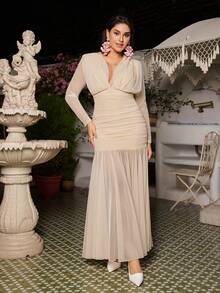 VOLUPTÉ CURVE Plus Size Spring And Summer Ivory V-Neck Long Sleeve Ruched Mesh Floor-Length Dress For Formal Occasions, Parties, Going Out, Graduation, Birthdays - Apricot - View 6