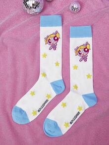 THE POWERPUFF GIRLS X SHEIN 1 Pair Women Cartoon & Letter Graphic Blue Calf Socks - Multicolor - View 1