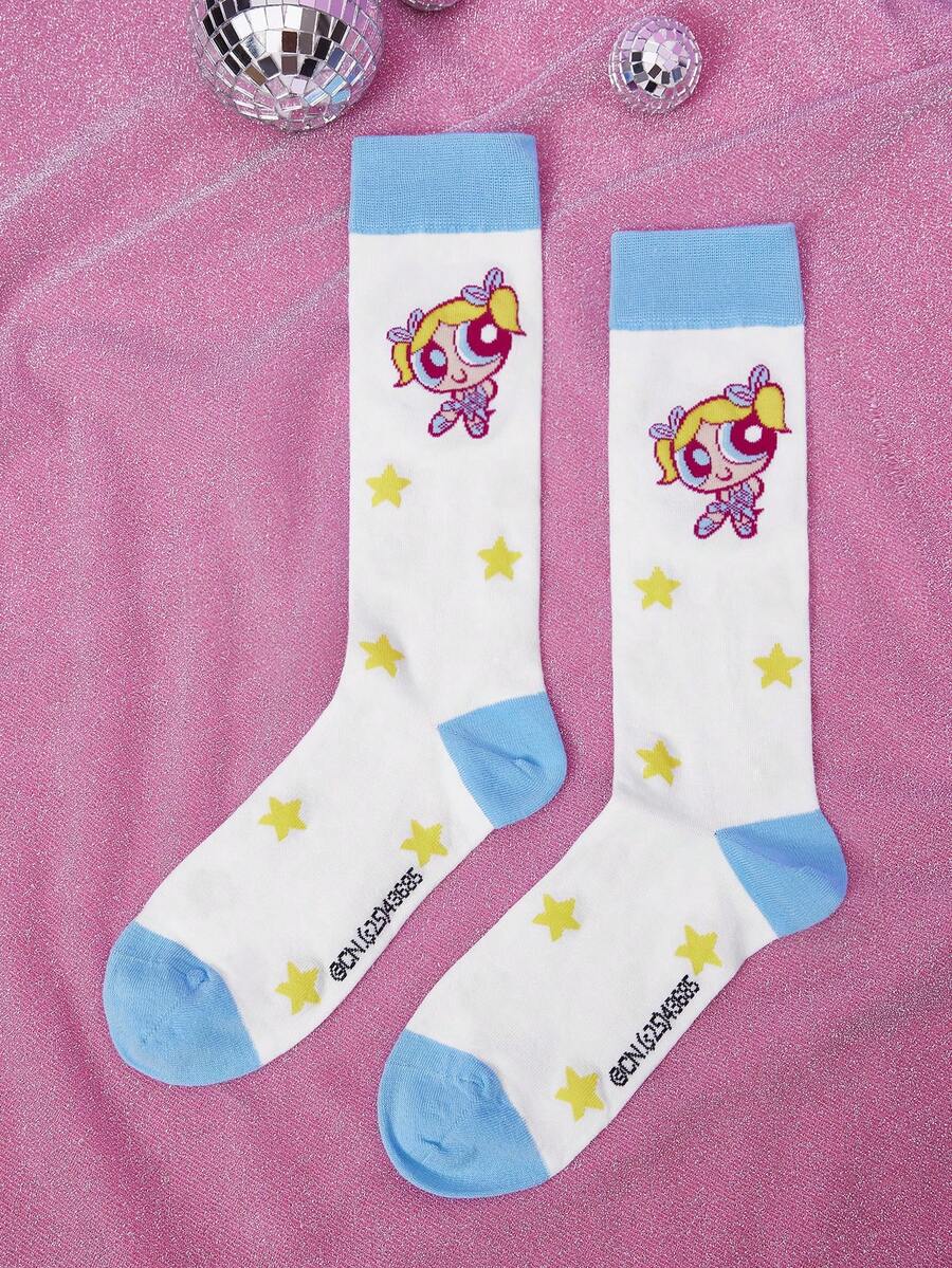 THE POWERPUFF GIRLS X SHEIN 1 Pair Women Cartoon & Letter Graphic Blue Calf Socks - Multicolor - View 1