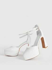 SHEIN X Belle Mariano CUCCOO LuxiPop Women's Thick Sole Buckle Design Elegant High Heels For Christmas - White - View 11