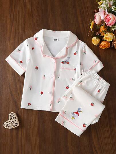 2pcs Baby Girls' Cute & Elegant Casual Everyday Comfortable Soft Knit Fabric Ditsy Floral Cartoon Duck & Rabbit Embroidered Short Sleeve Cardigan And Pants Pajama Set