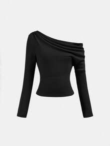 Firerie Kids Tween Girls' Asymmetrical Shoulder Knit Top T-Shirt, Casual & Fashionable, Versatile For Outings - Black - View 6