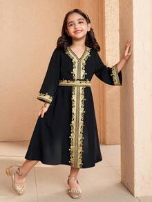 Young Girls Colorblock Printed Long Sleeve Dress Kids Black Abaya Girls Kids Arabian Dress Kids Dress For Girls, Abaya Dress For Girls, Arabian Dress For Girls - Black - View 6