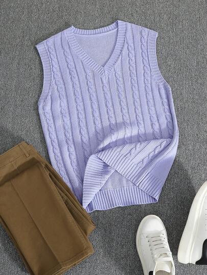 Manfinity Homme Men's V-Neck Cable Knit Casual Versatile Commuting Sweater Vest