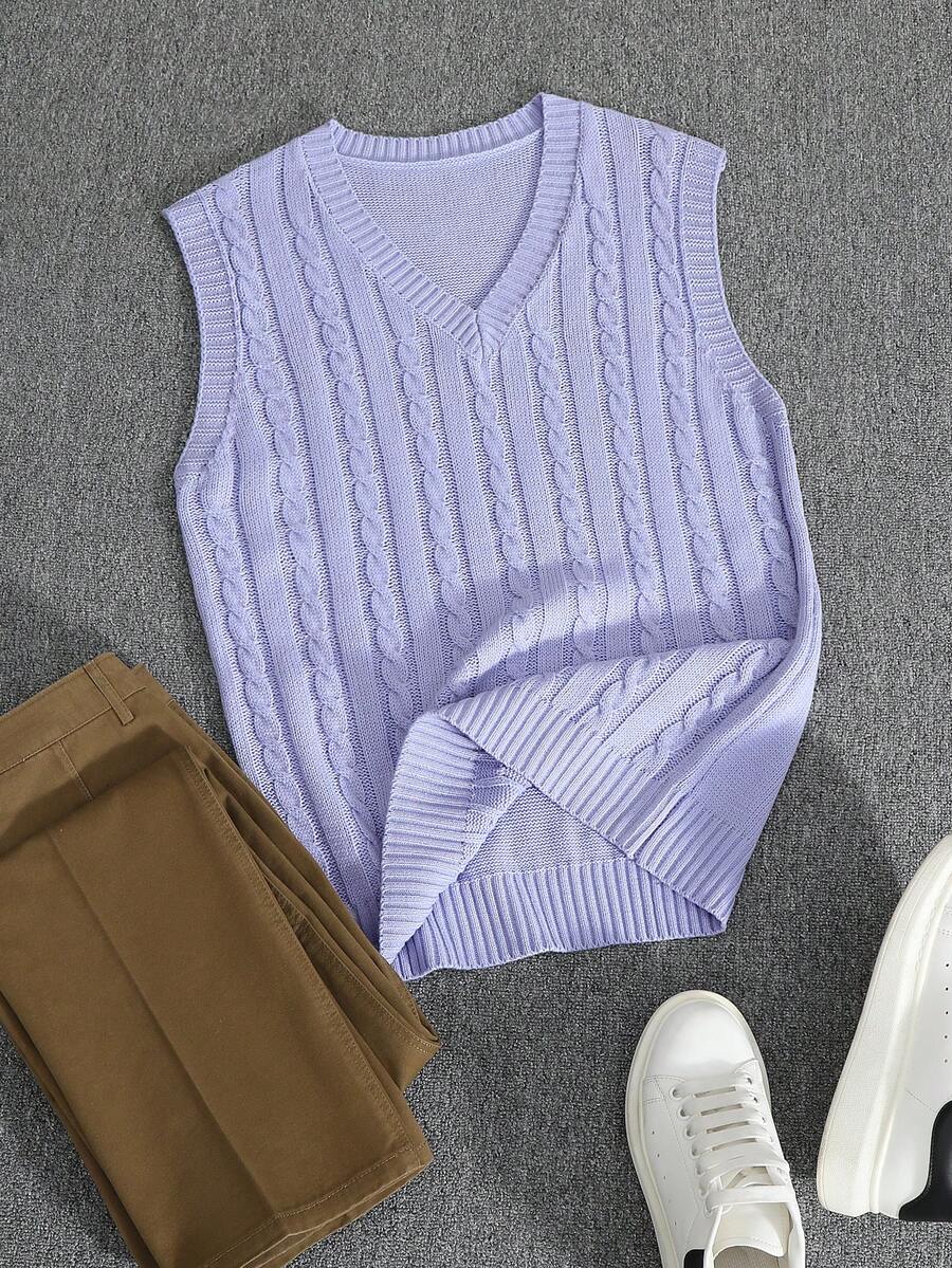 Manfinity Homme 男士V领绞花针织休闲百搭通勤毛衣背心 - 淺藍色 - 查看 1