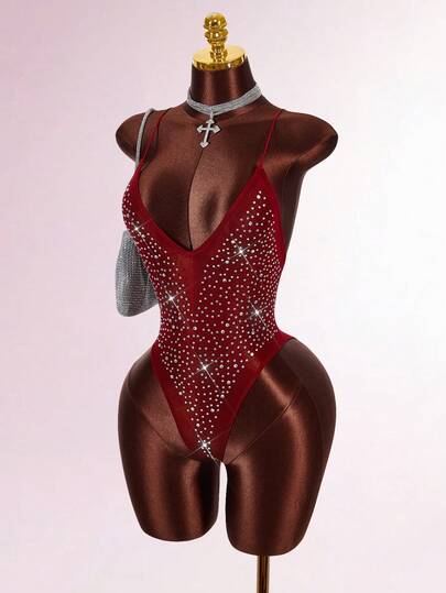 Amplova Rhinestone Glitter Backless Sheer Sexy Bodysuit For Party Burgundy Rhinestone Spaghetti Strap Cami Bodysuit For Women