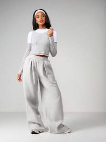 MISSGUIDED 浅灰色抓绒阔腿运动裤，侧边口袋，弹性腰带，适合休闲居家穿着，冬季舒适保暖。 - 灰色 - 查看 5