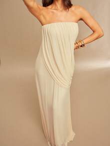 Silquee 女士纯色褶皱优雅派对连衣裙，适合圣诞节、约会、外出、夜店派对、聚会、优雅派对、日常约会、伴娘礼服、婚礼季、鸡尾酒会等场合。 - 杏色 - 查看 1