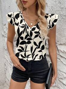 SHEIN Clasi Áo kiểu nữ màu kaki ấm áp, dáng suông, cổ điển, thanh lịch, đa năng, phù hợp cho mùa xuân/hè, với họa tiết lá cây. Áo có cổ chữ V, tay ngắn rộng rãi, thoải mái, thích hợp cho mùa xuân/hè. - Nhiều màu - Xem 5