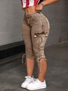 SHEIN ICON Quần jean lửng dáng rộng dành cho nữ cỡ lớn, có túi hộp và dây rút. - màu nâu - Xem 1